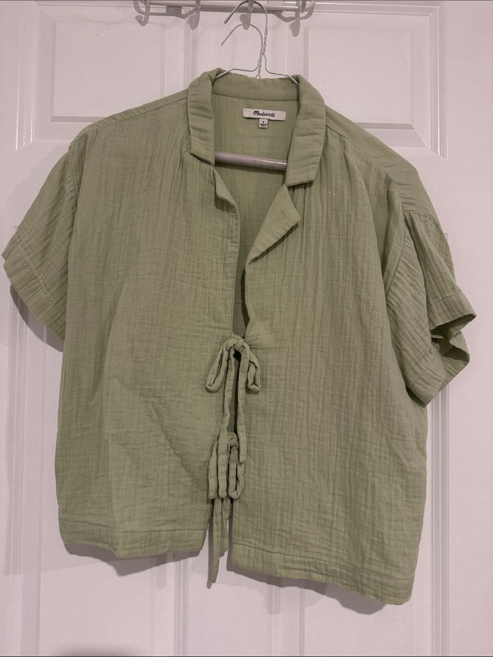Madewell Sage Green Cotton Tie-Front Short Sleeve Shirt